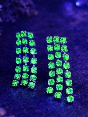 Vintage Green Rhinestone Dangle Earrings UV Reactive Glow